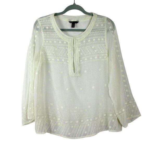 MNG Mango Blouse Semi Sheer White Embroidered XL Cottage Prairie Boho Peasant - Picture 1 of 7